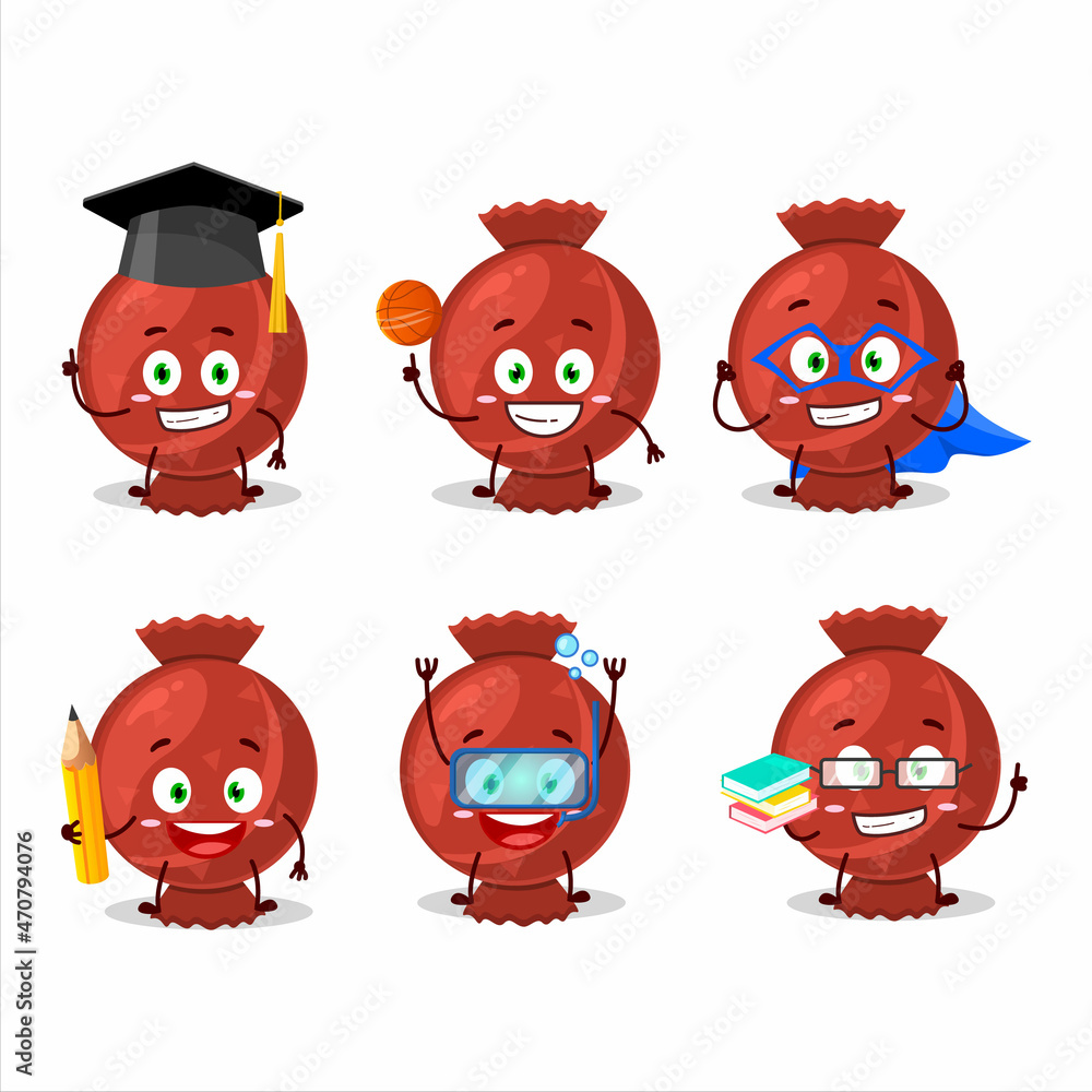 School student of red candy wrap cartoon character with various expressions