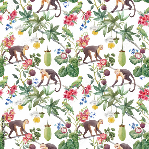 Beautiful vector seamless tropical floral pattern with cute hand drawn watercolor monkey and exotic jungle flowers. Stock illustration.