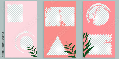 Social media covers with simple design elements . grunge style . Leaves . Post frame stories templates.  Layout for promotion .Media banner .Vector
