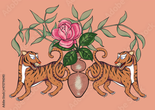 Art illustration of twin tigers with an ornamental flower vase. Modern Chinoiserie design, interior design. textile art, Lunar New year, emblem, and surface design template. 