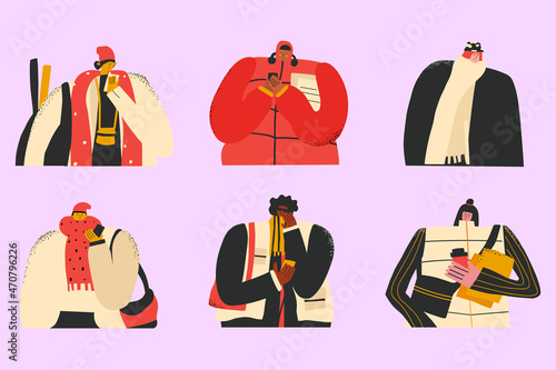 vector group of flat people up to the waist.Urban street style.Multi raced fashion influencers.Megapolis in winter and warm clothes. Generation Z avatars.New york characters with coffee and smartphone