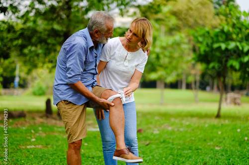 Portrait caucasian senior woman and old man, couple elder in love happy in park © u photostock