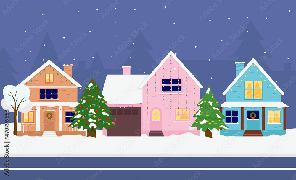Family house. Merry Christmas winter. Christmas street