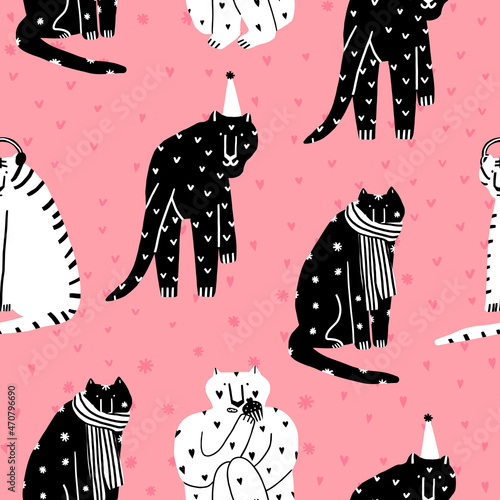 vector seamless pattern with black and white tigers on a pink background.Wild cats safari with party caps.Ornament for textiles, wrapping paper, wallpaper, postcards.symbol of 2022.Flat hand drawn © Yulia
