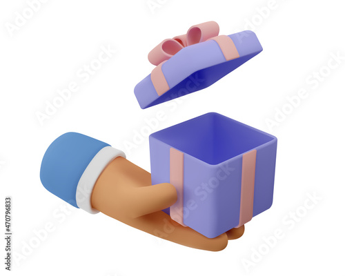 3d icon open gift in hand. Vector cartoon arm holding gesture. Realistic illustration of giving a present for social media