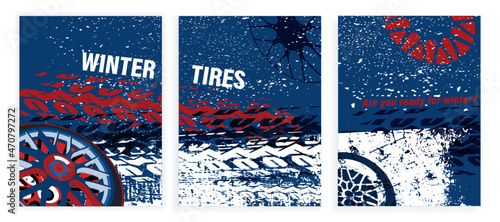 Ice tire treads. Car wheel. Vector automotive element. Grunge tyre tracks background