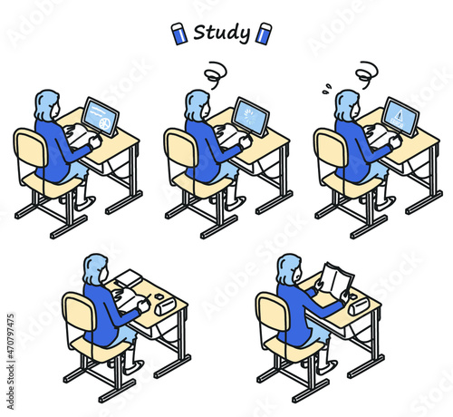 学校で勉強をする女子高校生 セット