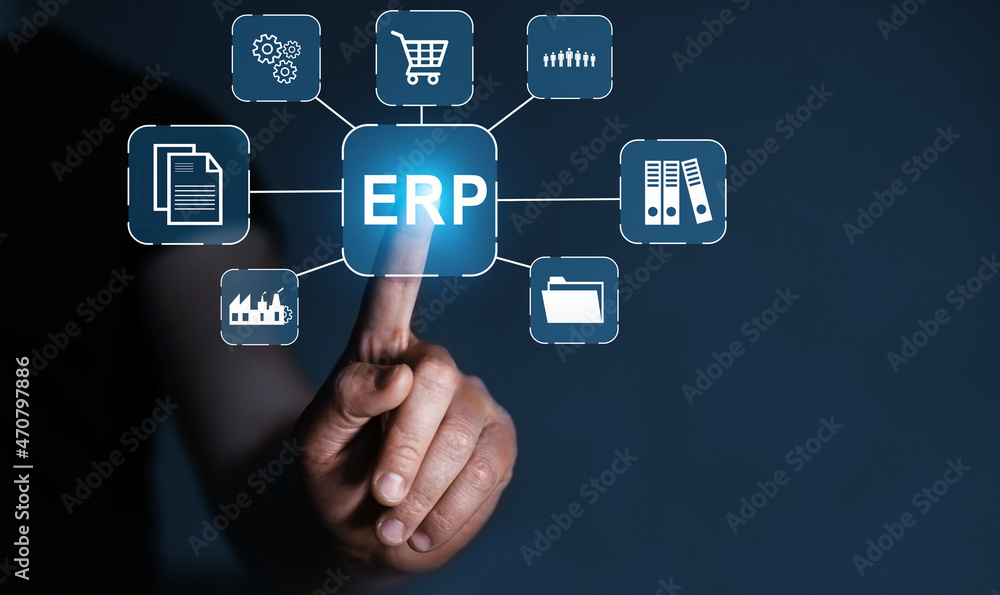 Enterprise Resource Planning or ERP concept. Business man pointing icons on digital virtual screen.Document management system. Enterprise Resource Planning or ERP concept. Business man pointing icons on digital virtual screen.Document management system.