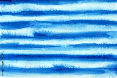 Watercolor blue brush strokes wet painting background. Horizontal dark and bright blue stripes.
