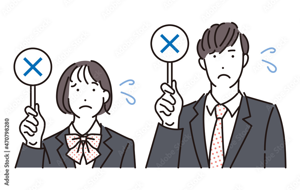 シンプル　イラスト　マルバツの札をあげる学生の男女