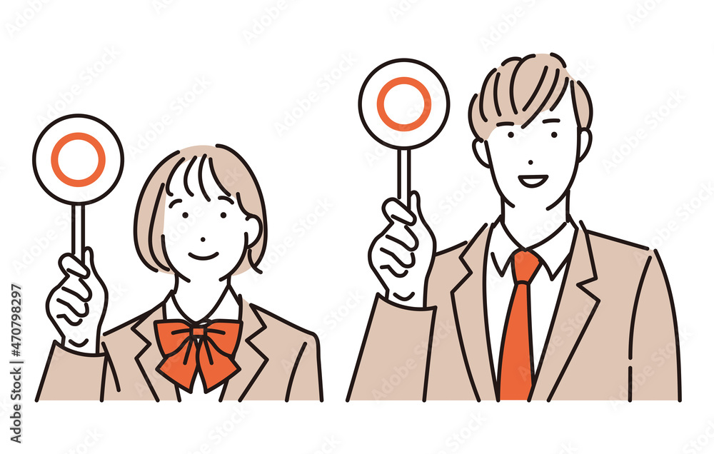 シンプル　イラスト　マルバツの札をあげる学生の男女