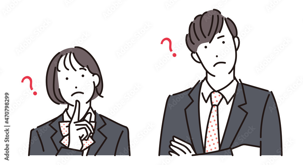 シンプル　イラスト　ハテナマークを浮かべる高校生の男女