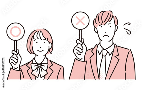 シンプル　イラスト　マルバツの札をあげる学生の男女