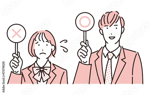シンプル　イラスト　マルバツの札をあげる学生の男女
