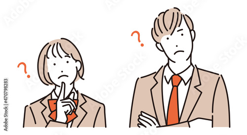 シンプル　イラスト　ハテナマークを浮かべる高校生の男女