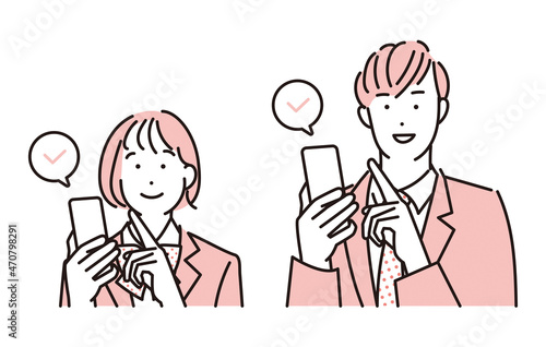 シンプル　イラスト　スマホを操作する制服姿の学生の男女