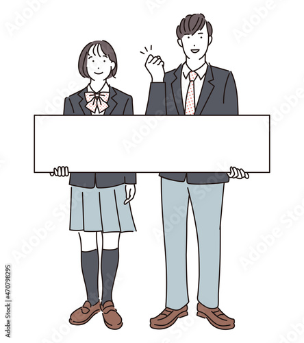 シンプル　イラスト　メッセージボードを持つ学生の男女