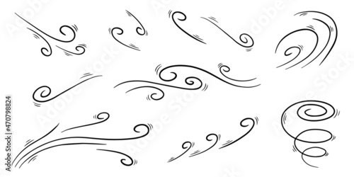 Wind blow set in doodle style, vector illustration. Wave cold air during windy weather. Gust symbol outline for print and design. Isolated black line element on a white background