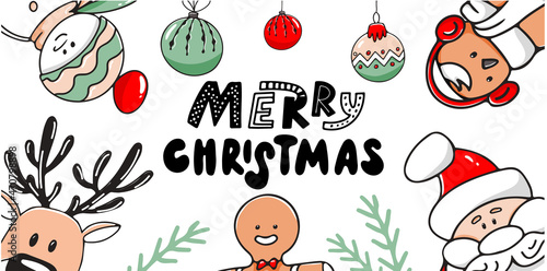 Merry Christmas background with hand drawn design elements. Vector illustration, banner template