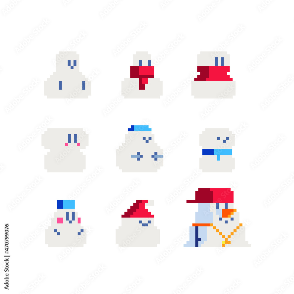 Snowman characters set. Сap on head and red scarf around neck. Pixel art greeting card design. Isolated vector illustration Snowman characters set. Сap on head and red scarf around neck. Pixel art greeting card design. Isolated vector illustration