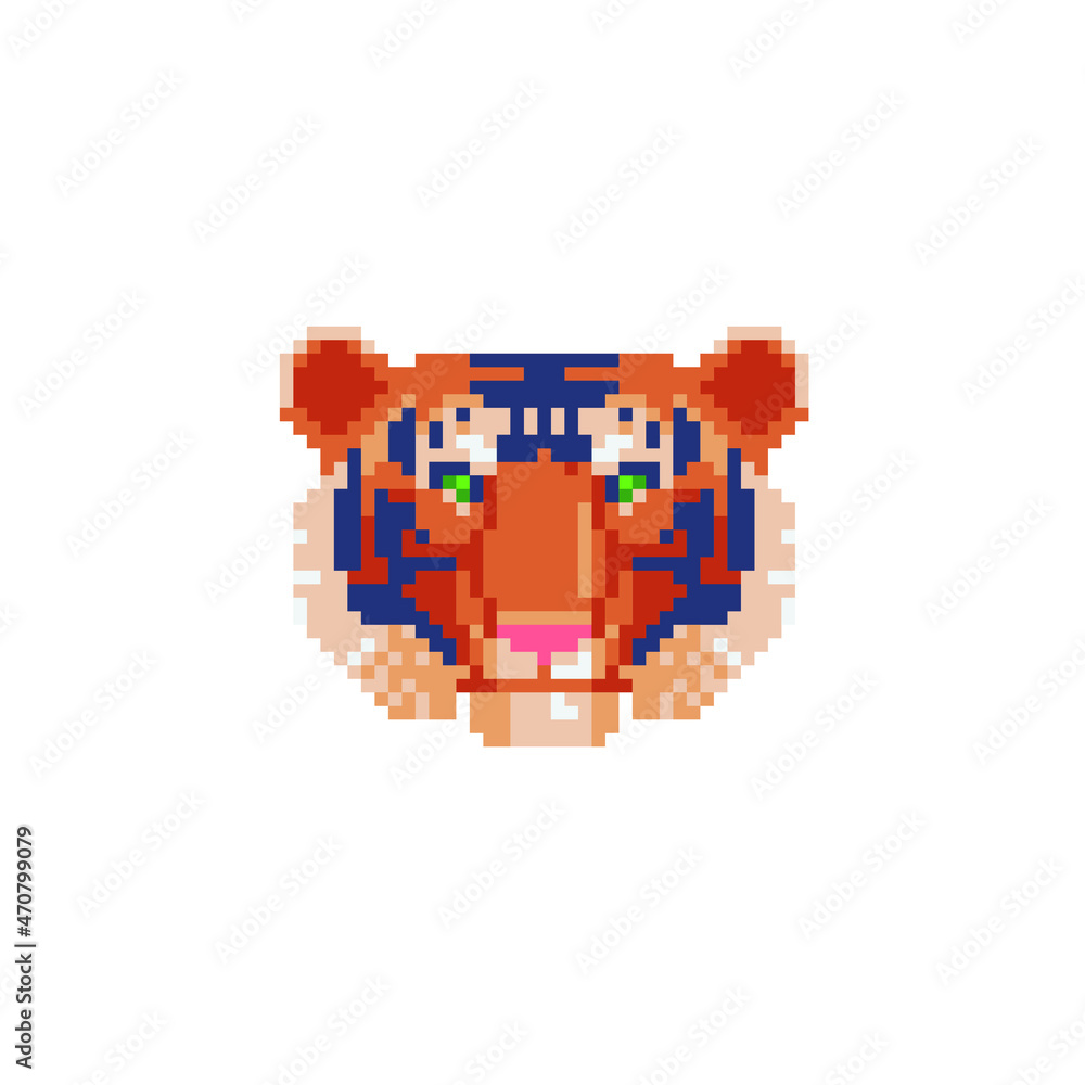 Tiger head face pixel art icon isolated on white background vector illustration. African, indian animal. Element design for stickers, logo, embroidery, mobile app.