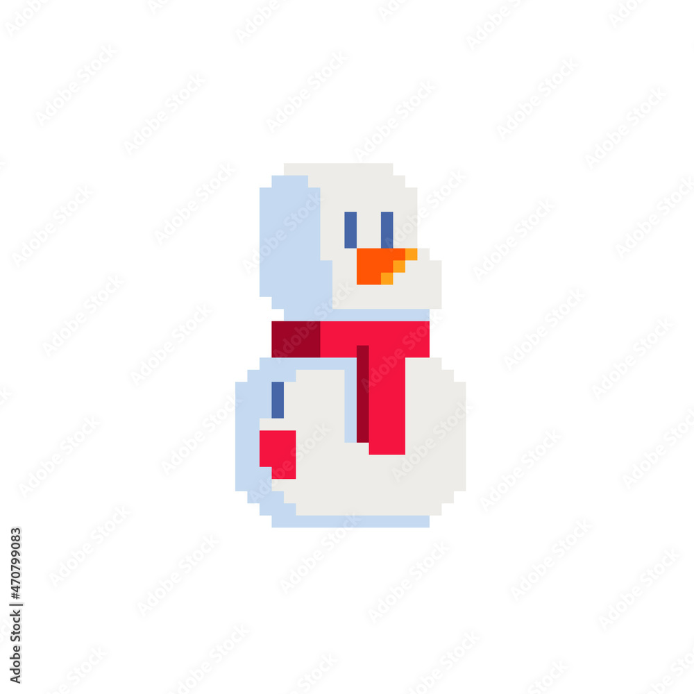 Funny snowman character. Pixel art. Design of 80s. Flat style. Game assets. 8-bit. Isolated vector illustration. Funny snowman character. Pixel art. Design of 80s. Flat style. Game assets. 8-bit. Isolated vector illustration.