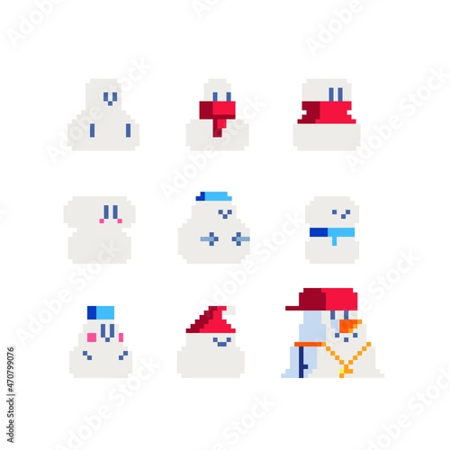 Snowman characters set. Сap on head and red scarf around neck. Pixel art greeting card design. Isolated vector illustration