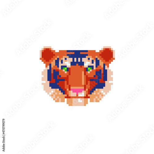 Tiger head face pixel art icon isolated on white background vector illustration. African, indian animal. Element design for stickers, logo, embroidery, mobile app.