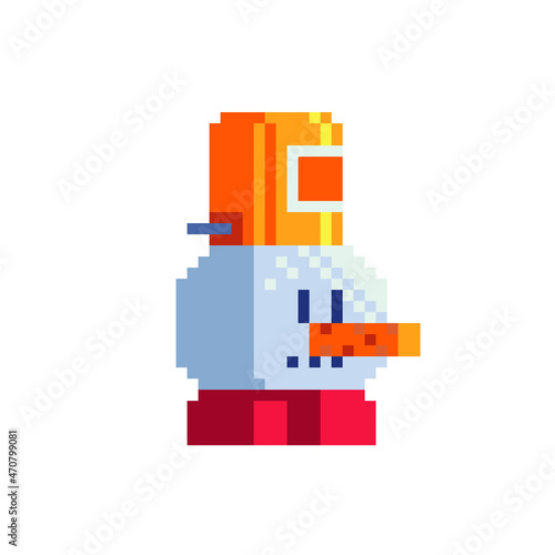 Funny cool snowman character. Avatar, portrait, profile picture. Pixel art. Design of 80s. Flat style. Game assets. 8-bit. Isolated vector illustration.