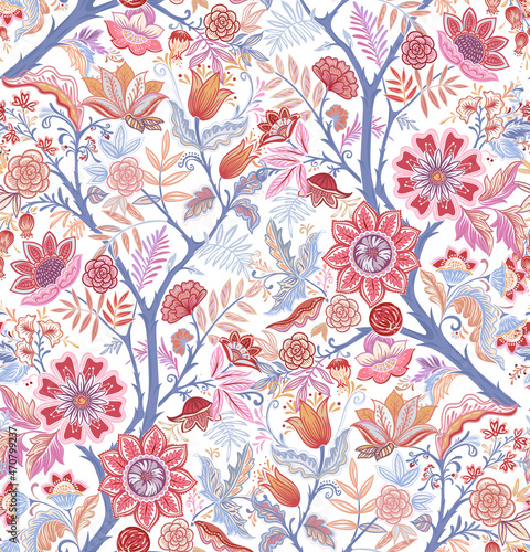 Seamless pattern with stylized ornamental flowers in retro, vintage style. Colored vector illustration. Isolated on white background.