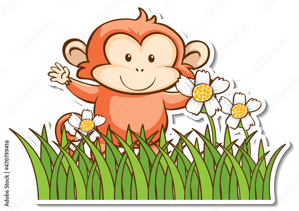 Cute monkey standing in grass field sticker Cute monkey standing in grass field sticker