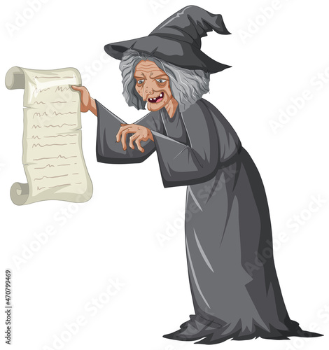 Wicked old witch character on white background