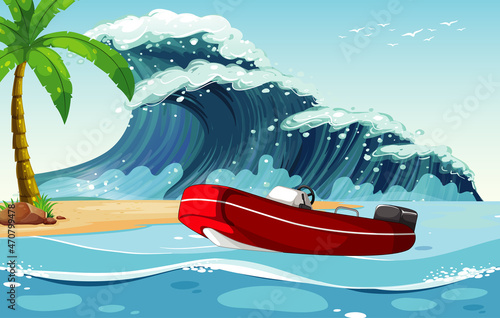 Beach scene with dinghy boat on sea wave