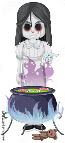 Little ghost girl with black eyes and spelling potion pot