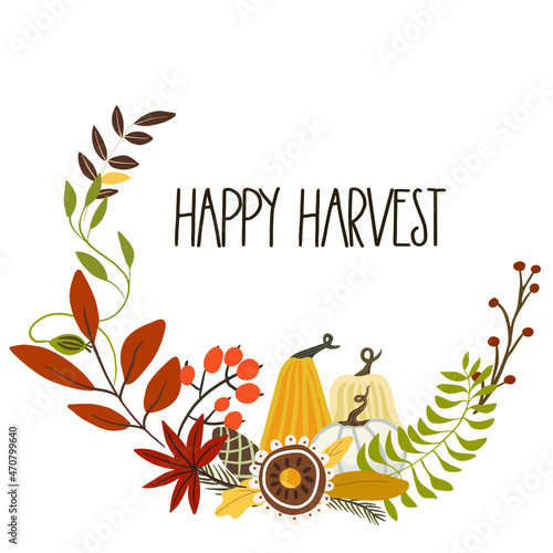 Autumn semicircular wreath with pumpkins, flowers, lettering Happy harvest.