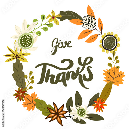 Autumn round wreath with flowers, lettering Gith Thanks.