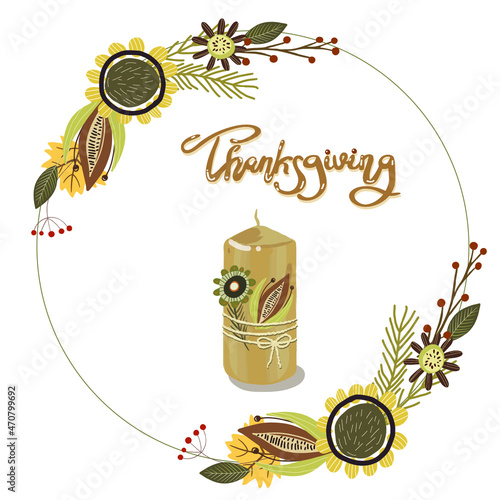 Thanksgiving arrangement with candle, lettering , autumn. 