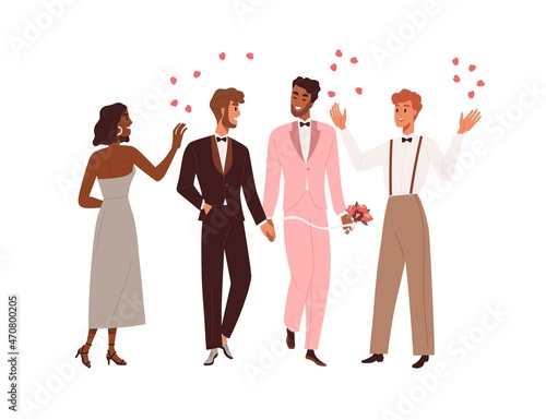 Married homosexual love couple of gay men with witnesses at LGBT wedding ceremony. Marriage of biracial grooms. Interracial same-sex newlyweds. Flat vector illustration isolated on white background