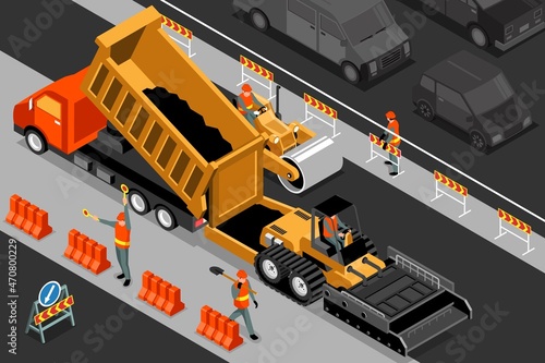 Isometric Road Repair Composition