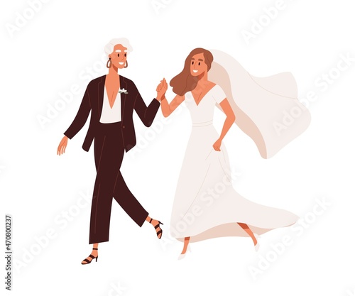 Lesbian love couple wedding. Homosexual women marriage. Happy newlyweds with age gap. Same-sex brides in dress and suit holding hands. LGBT partners. Flat vector illustration isolated on white