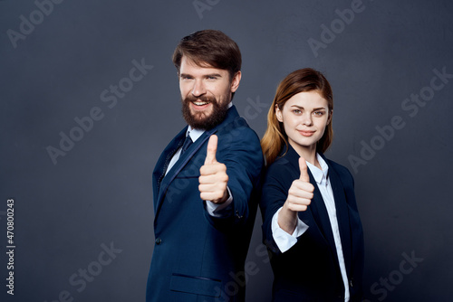 business man and woman gesturing with hands together communication team