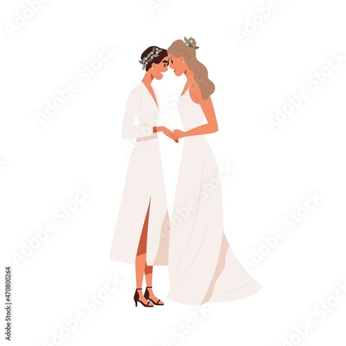 Lesbian love couple wedding. Homosexual women newlyweds in dresses. Marriage of LGBT brides. Happy same-sex wives. Married LGBTQ partners. Flat vector illustration isolated on white background