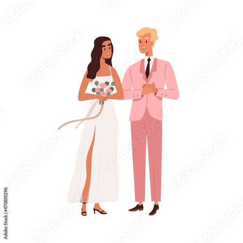 Newlywed couple of man and woman. Married bride and groom. Romantic marriage of love partners. Happy husband in suit and wife in wedding dress. Flat vector illustration isolated on white background