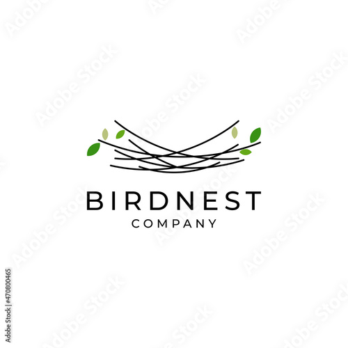 simple and minimal bird nest icon logo line illustration with leaf symbol, bird house symbol logo Vector