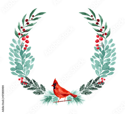 Fotografia, Obraz Winter wreath with green foliage red berries and cardinal bird