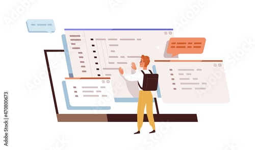 Coder work under software development. Backend developer coding. Programmer student, screen and abstract computer language. Programming concept. Flat vector illustration isolated on white background