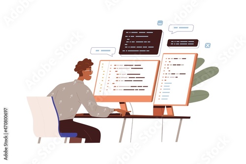 Software developer work with program code. Programmer and monitors with abstract computer language script. Backend development concept. Flat vector illustration of coder isolated on white background photo