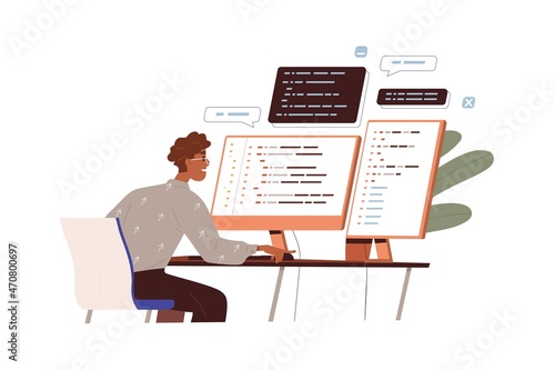 Software developer work with program code. Programmer and monitors with abstract computer language script. Backend development concept. Flat vector illustration of coder isolated on white background
