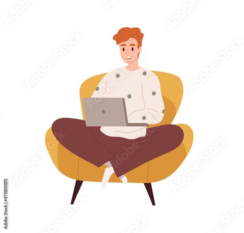 Happy person with laptop computer, sitting in armchair. Freelance worker at o...