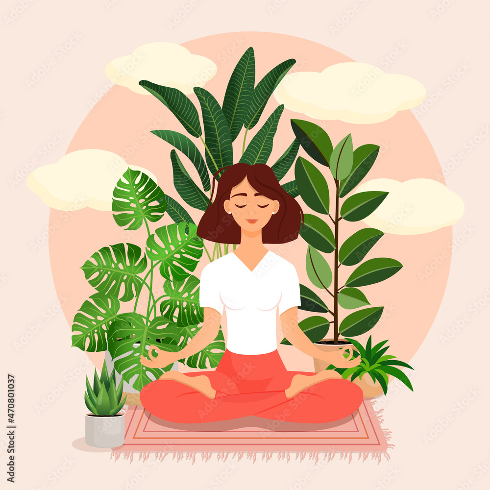 Beautiful brunette girl in a lotus pose surrounded by plants. Vector illustration of a meditating woman at home. Harmony and balance. Crossed legs. Girl in the interior. Beautiful brunette girl in a lotus pose surrounded by plants. Vector illustration of a meditating woman at home. Harmony and balance. Crossed legs. Girl in the interior.
